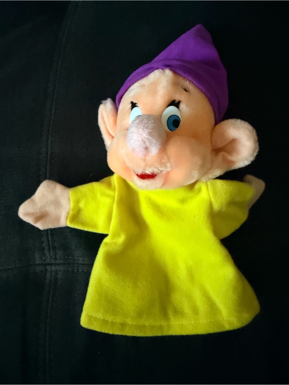 Vintage Disney DopeyPlush Hand Puppet in Purple Hat and Yellow Outfit